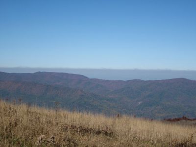 View From Big Bald
View to the Northwest--Flint Mountain, Coldspring Mountain, Rocky Fork, and part of good part of Rich Mountain (including 'Wilson Knob' and 'Frozen Knob') in photo.  Note the bare rock cliffs on 'Whitehouse Mountain' in Rocky Fork...
Big Bald Mountain
October, 2010
