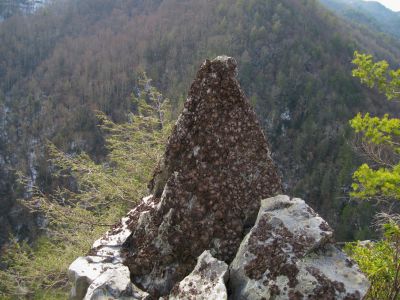 'Stonehenge' Cliffs
Whitehouse Mountain cliffs...
the fascinating pointed boulder (aka 'the Dragon's Tooth') on the edge of the cliff.
Rocky Fork Area,
December, 2010
