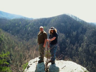 Sill Branch Overlook
Rat and Tyler standing on top of the giant 'Monkey Sphinx', with Big Pine Ridge Knob ('The Volcano') behind them,
3-19-10
