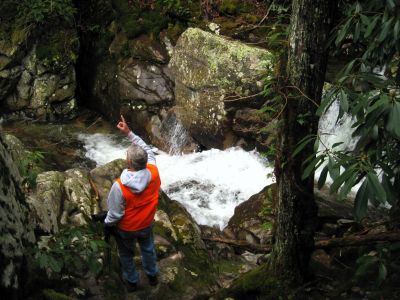 Devils Creek Cascades
Dave Aldridge stands just above the Upper Falls,
December, 10, 2011
