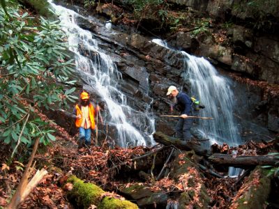 Waterfall
Larry Jarrett and John Forbes climb around underneath one of the many falls and cascades of the 'Phantom Trace' on Unaka Mountain, 11-14-2015
